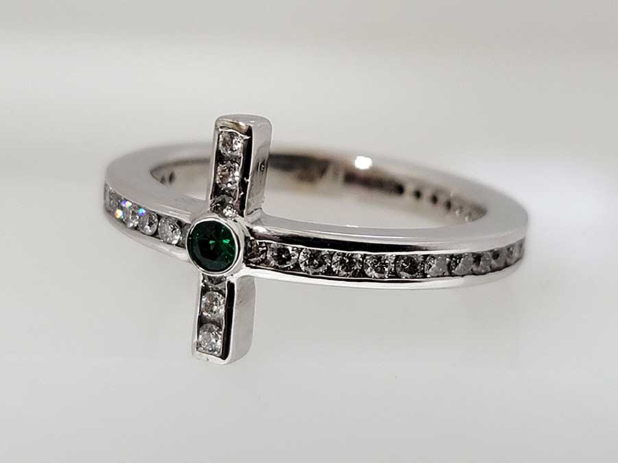 emerald diamond cross ring 14k white gold